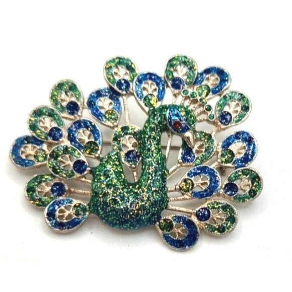 Vintage Peacock Brooch Blue, Green Sparkle Resin Feathers and Body and Gold Spar - Picture 1 of 2